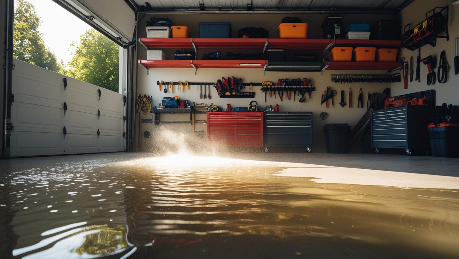 Standing water covering a garage floor