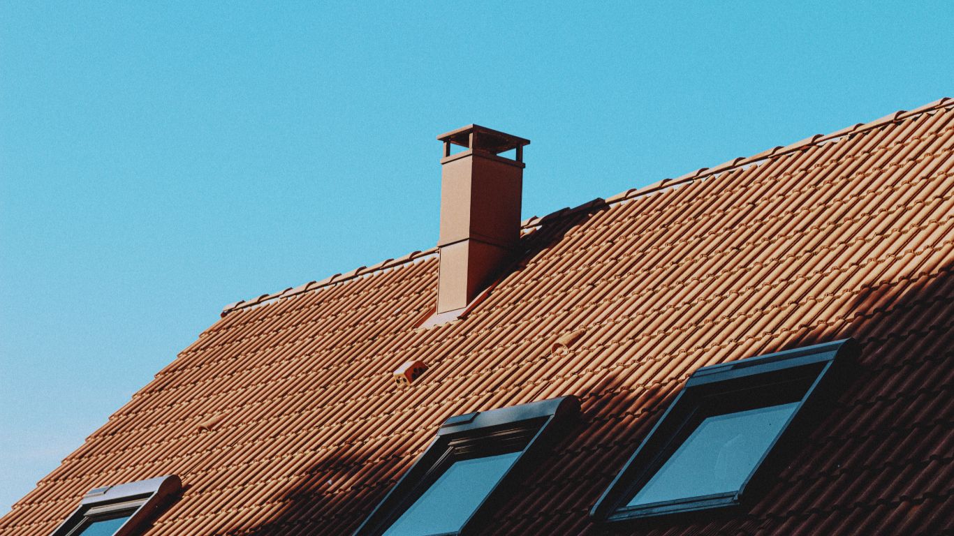 Tiled roof with a chimney and skylights