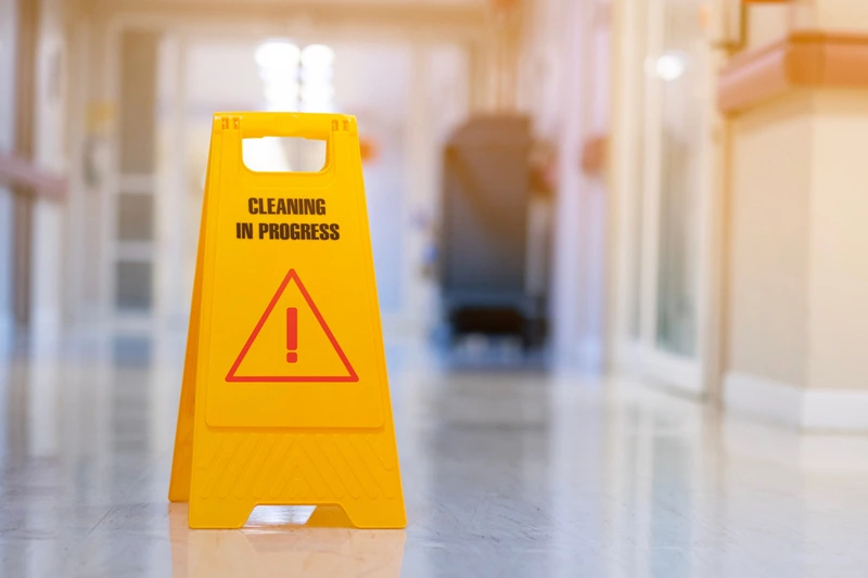 Yellow cleaning-in-progress caution sign in a hallway