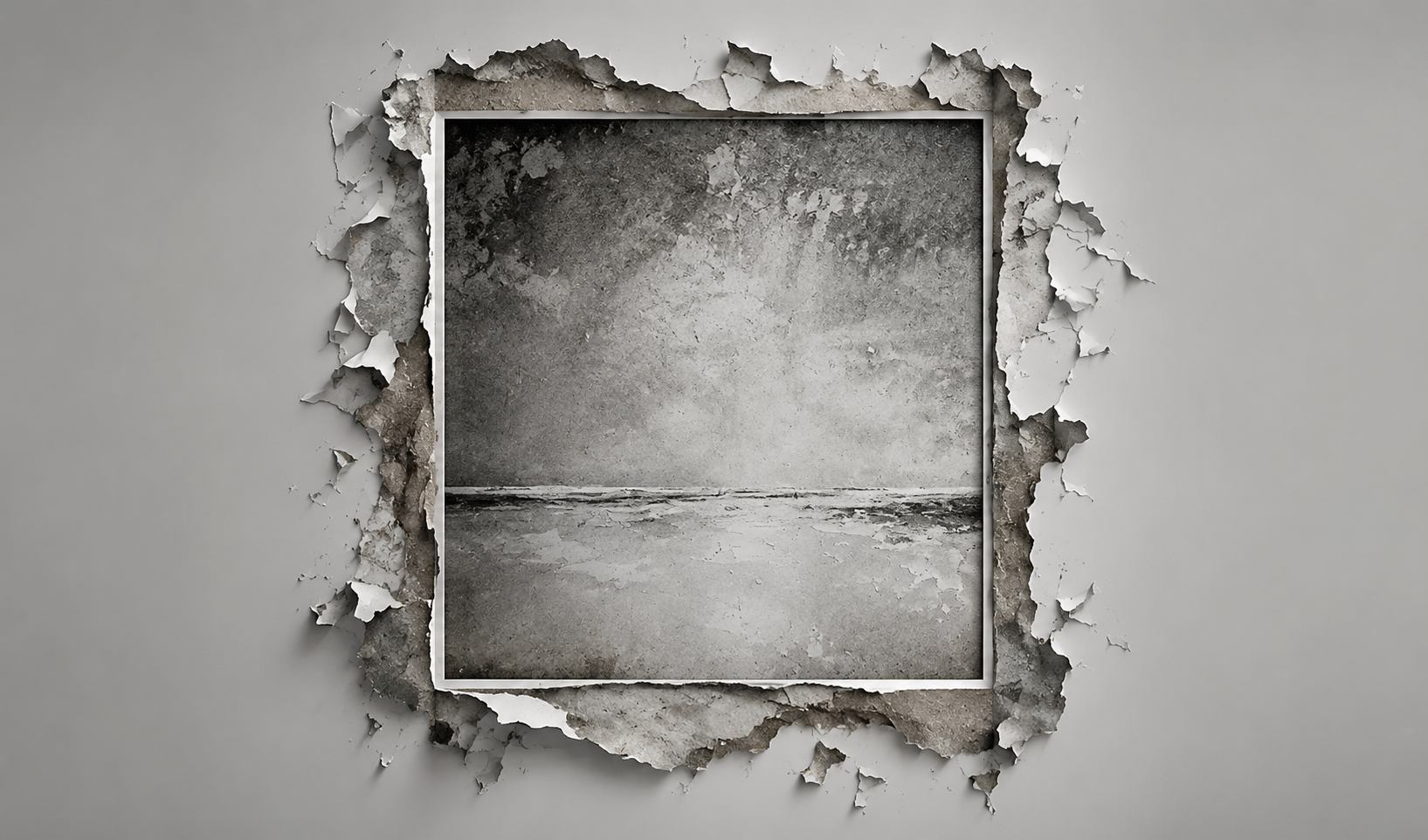 Damaged wall with peeling plaster and an exposed dark cavity