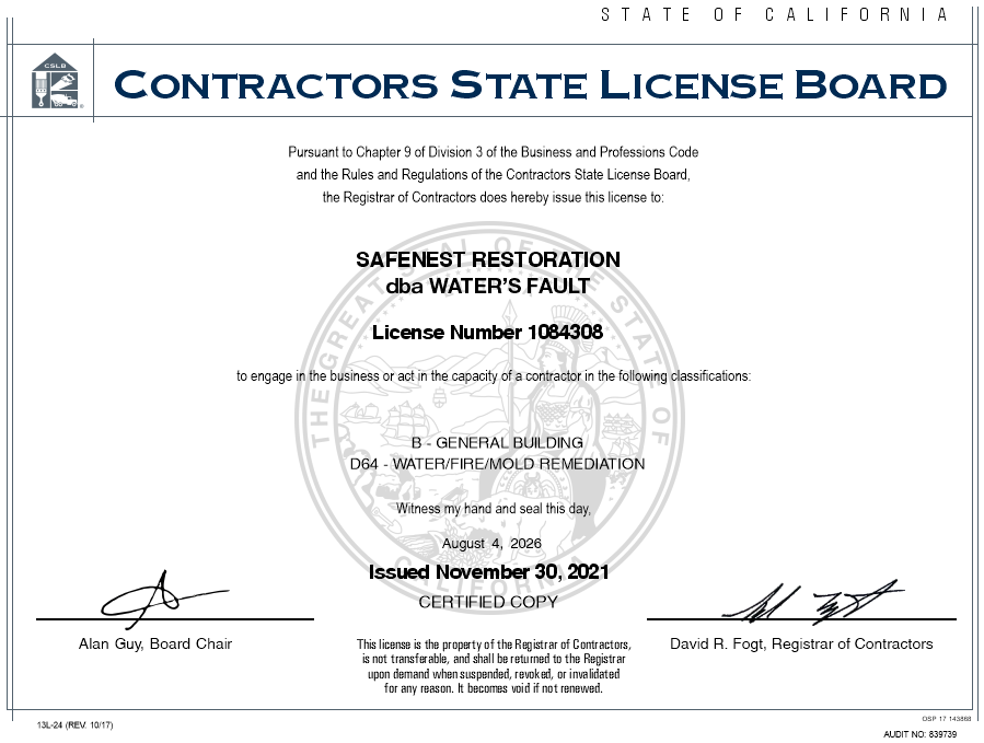 California contractor license 1084308 for SAFENEST Restoration, formerly Water’s Fault