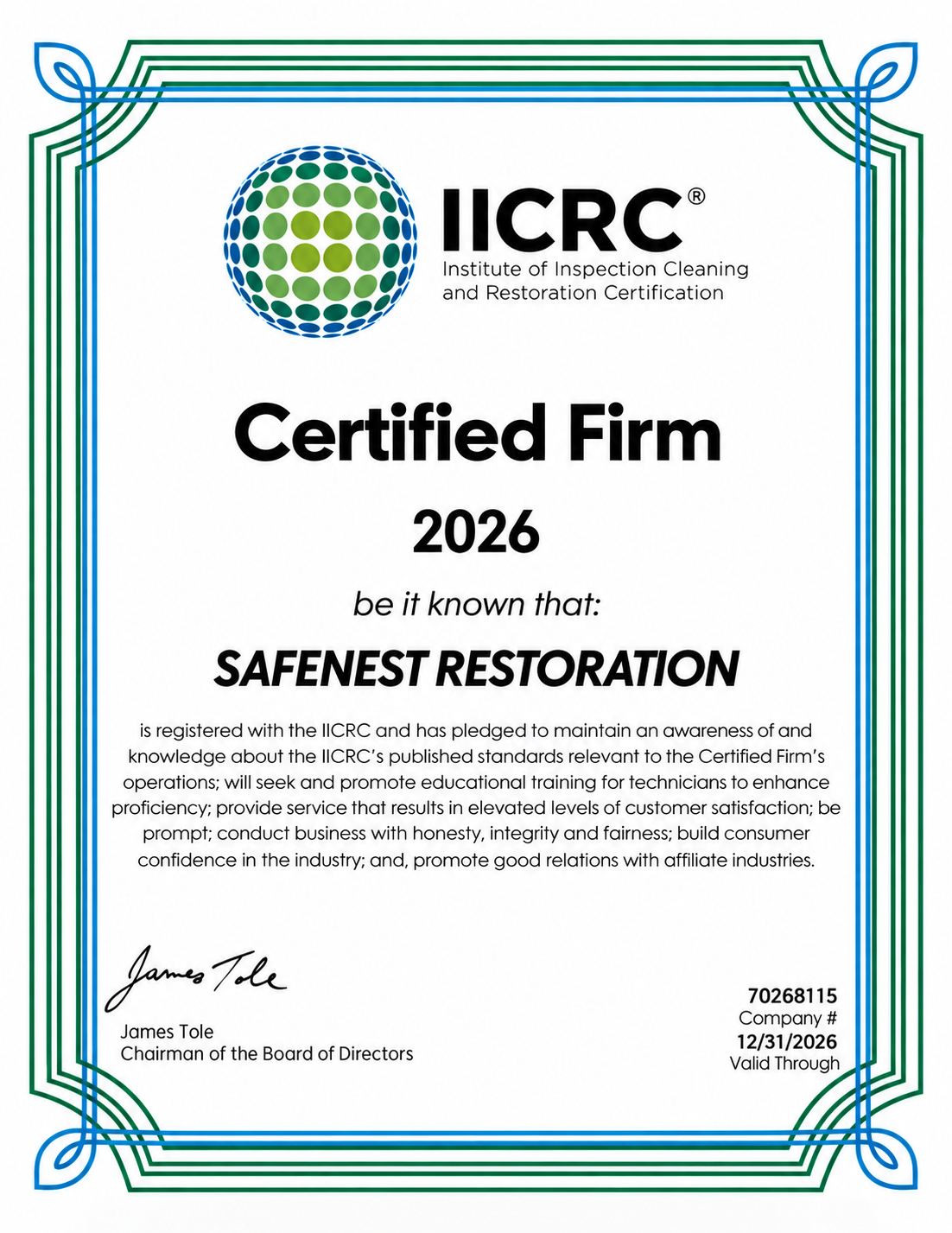 SAFENEST Restoration IICRC Certified Firm certificate 70268115, valid through December 31, 2026