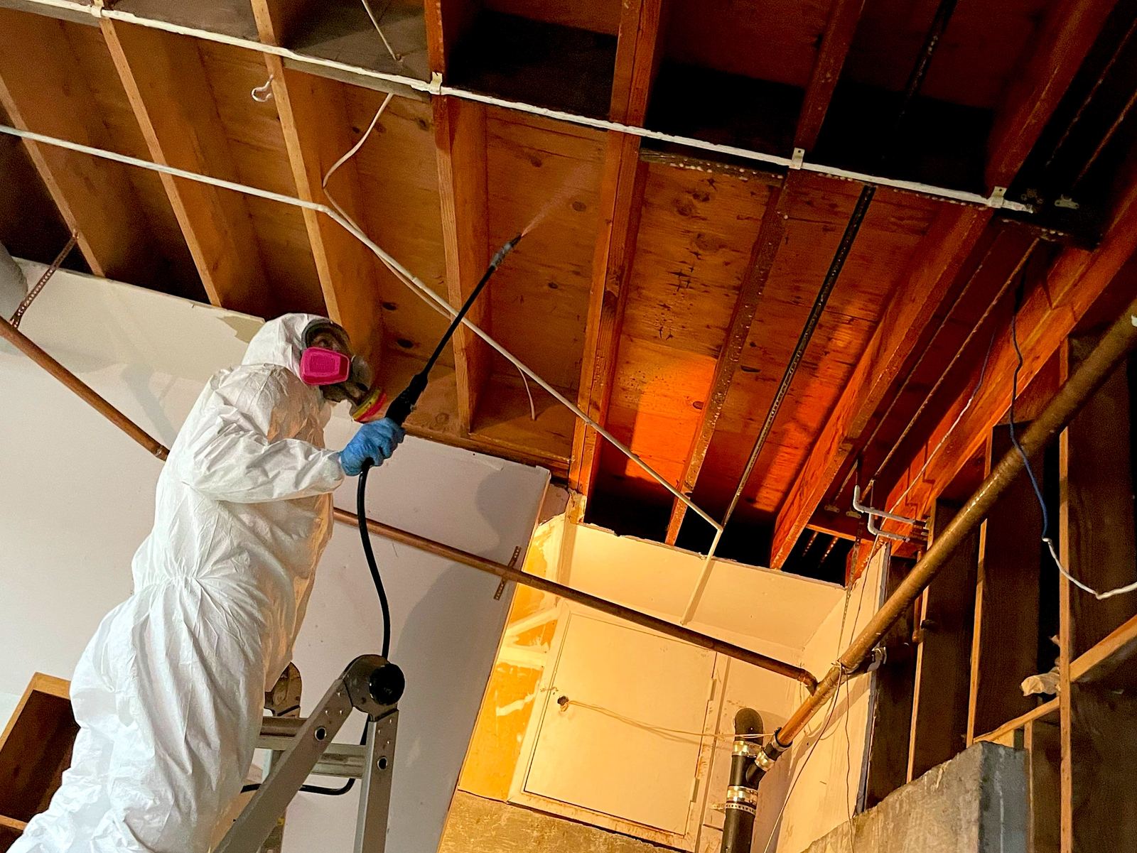 Technician in protective gear treating exposed ceiling framing