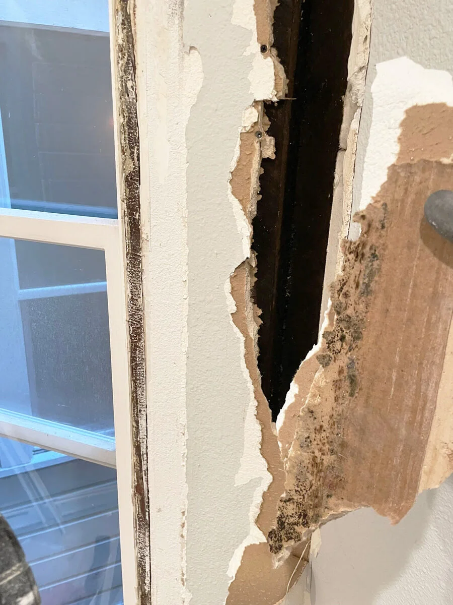 Dark staining exposed behind damaged wall material — San Francisco, CA