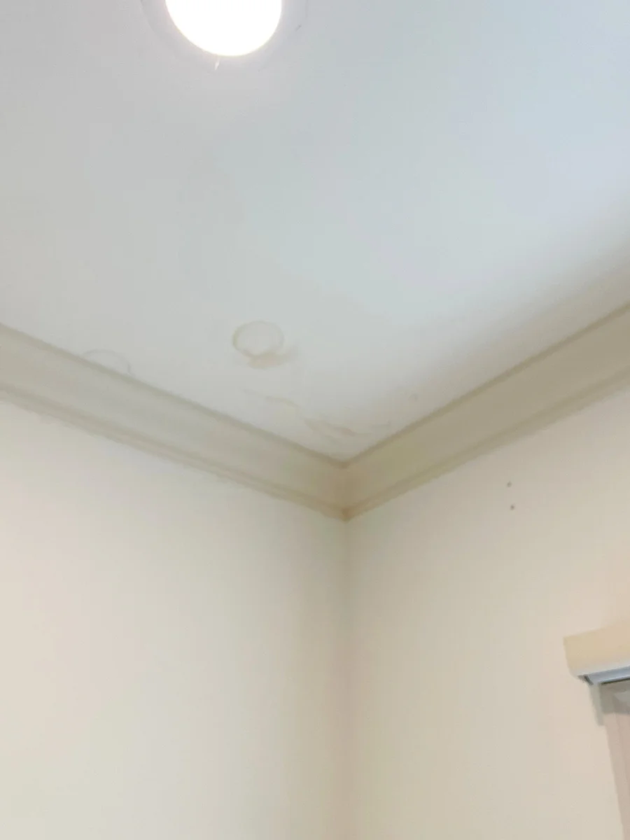 Water staining at a ceiling corner beside a light fixture — San Francisco, CA
