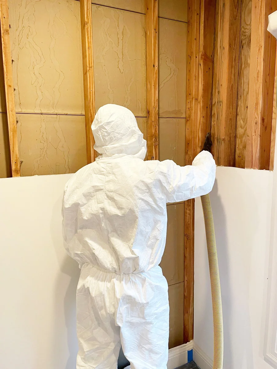 Technician wiping an exposed wall stud — San Francisco, CA