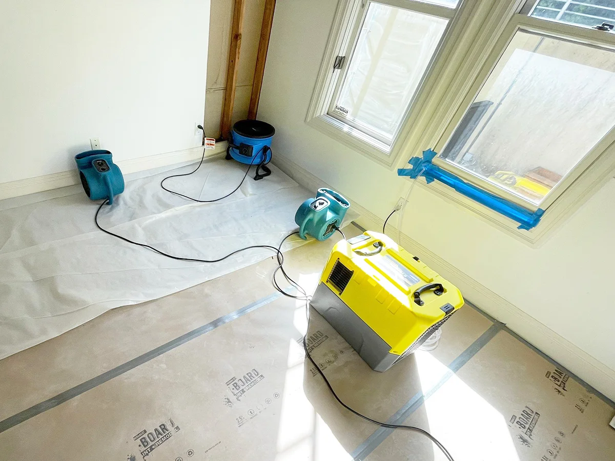 Air movers and a dehumidifier beside room windows — San Francisco, CA