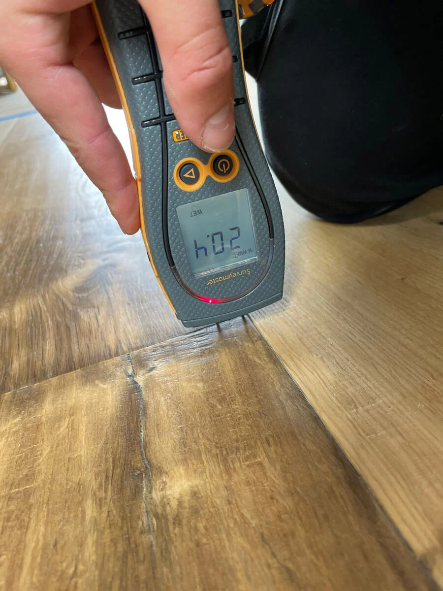 Moisture meter checking wood flooring beside a window — San Francisco, CA