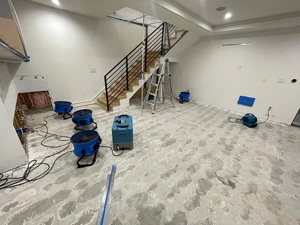 Air movers and a dehumidifier drying an exposed subfloor beside a staircase — San Francisco, CA